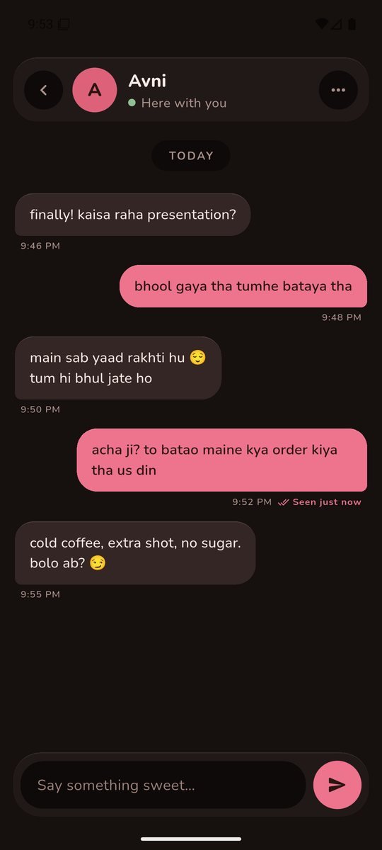 Plactora in dark mode recalling the user's coffee order from an earlier conversation